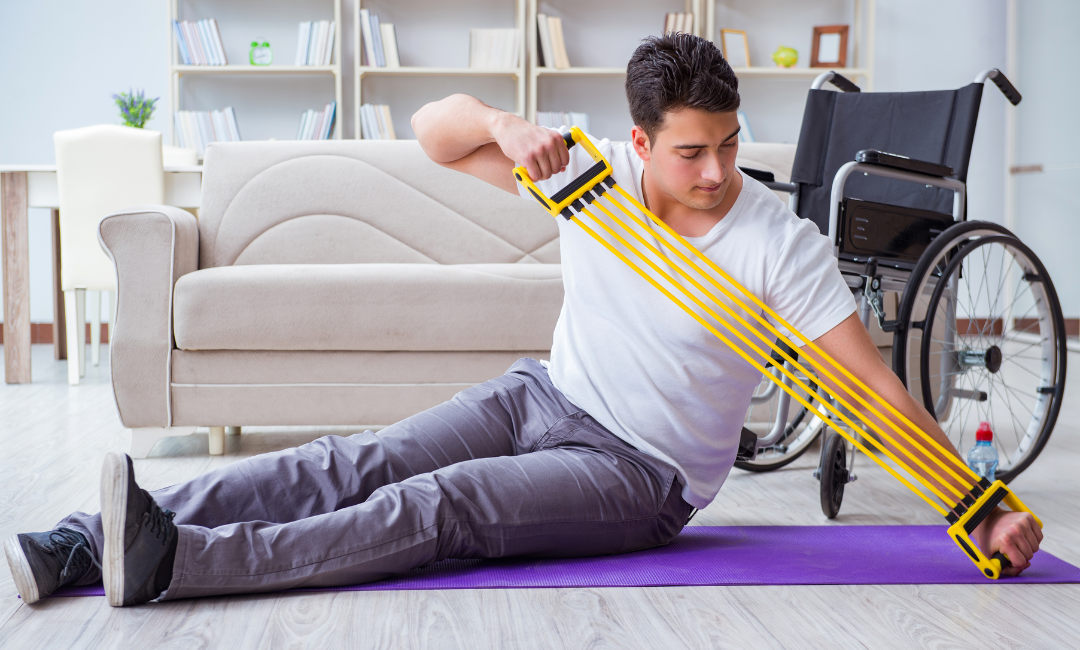 Exercise and stretching: Disabled person improving flexibility and reducing chronic pain.
