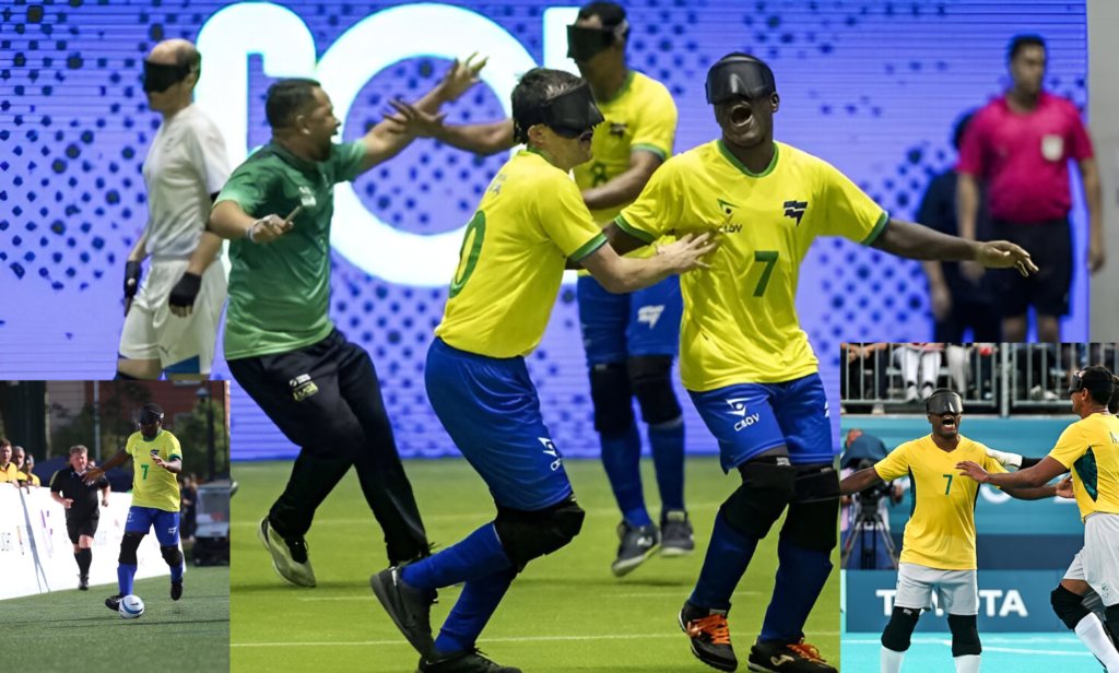 Players participating in a competitive blind football match using sound cues and teamwork.